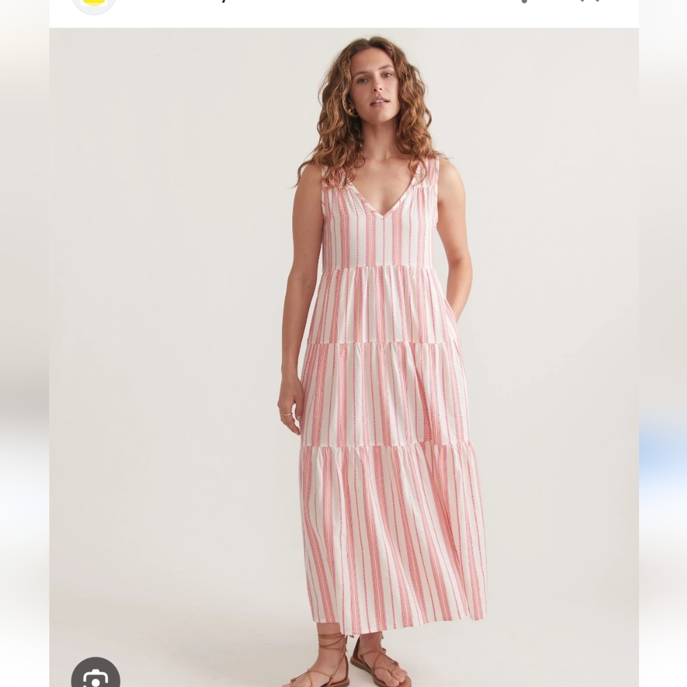 -Marine Layer Pink and White Sleeveless V-Neck Sundress